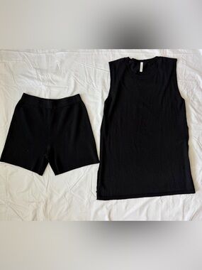 Glamaker Black Ribbed 2 Piece Set Tank Top + Shorts Size M Matching Lounge Set